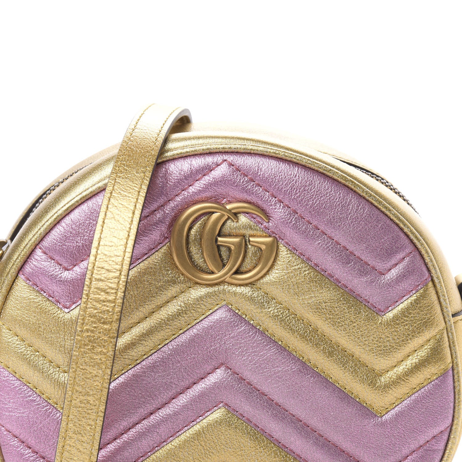 Gucci Metallic Calfskin Matelasse Mini GG Marmont Round Shoulder Bag Gold Pink 10 of 10
