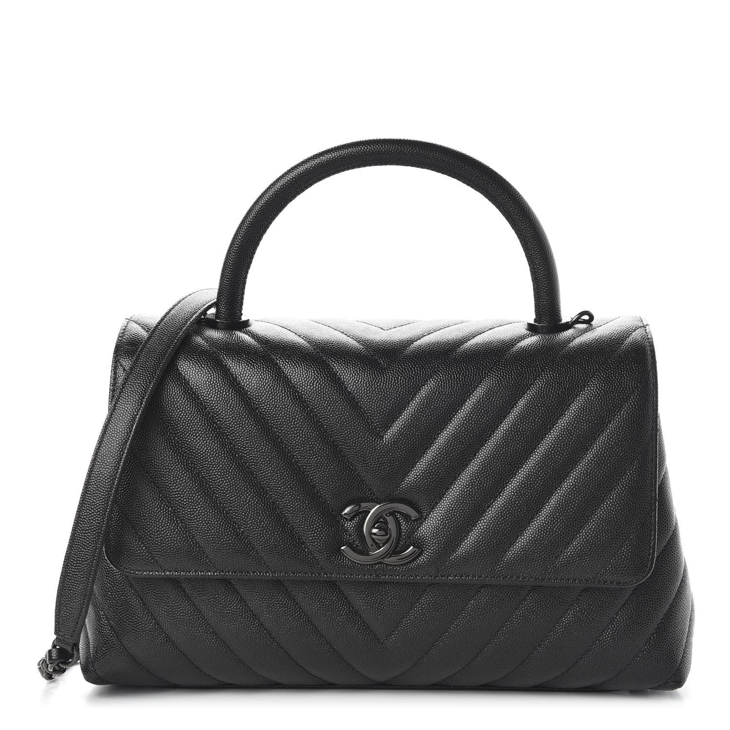 Caviar Chevron Quilted Small Coco Handle Flap So Black