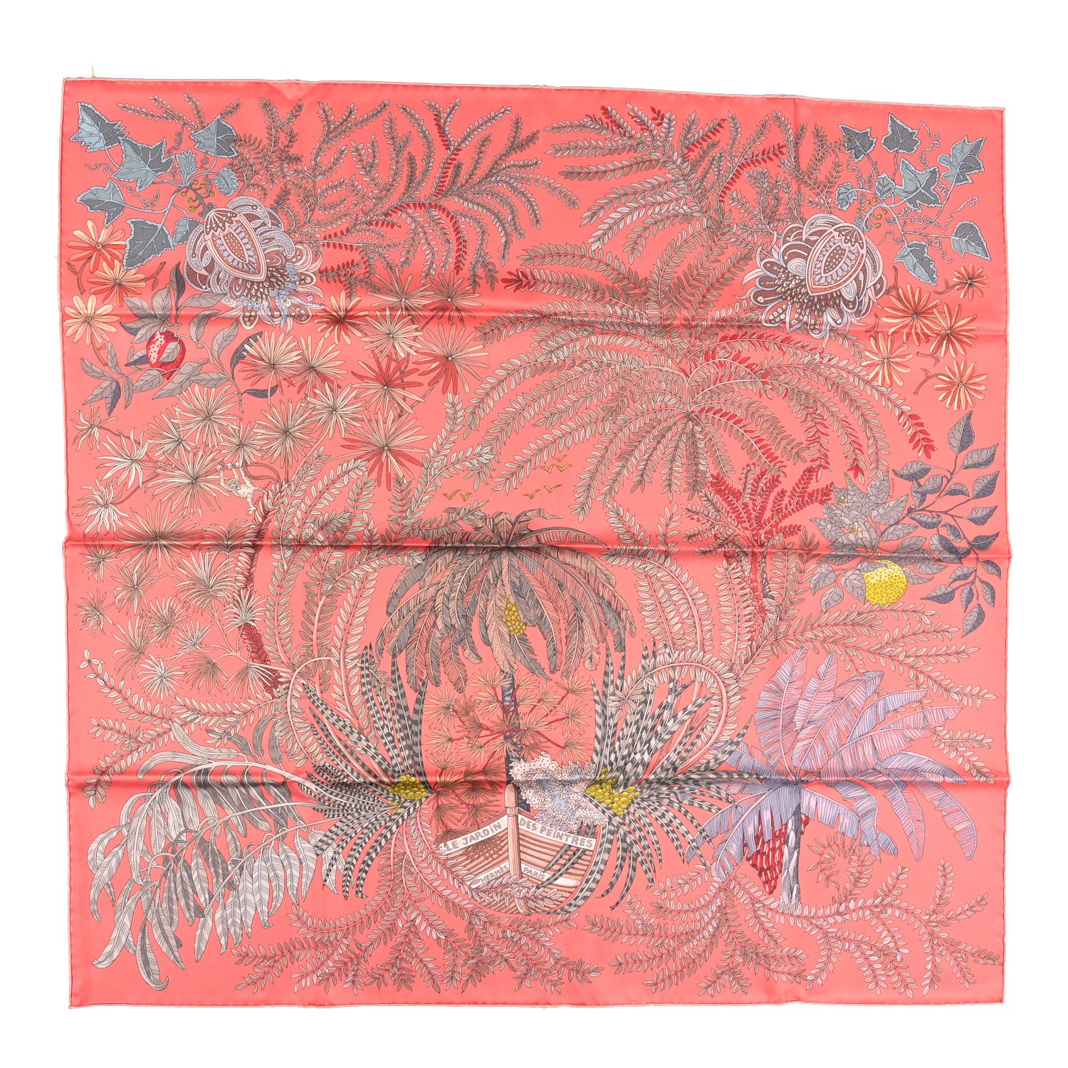 Hermes Silk Le Jardin Des Peintres Double Face Scarf 90 Rose Saumon Gris Bleute Vert De Gris 1 of 3