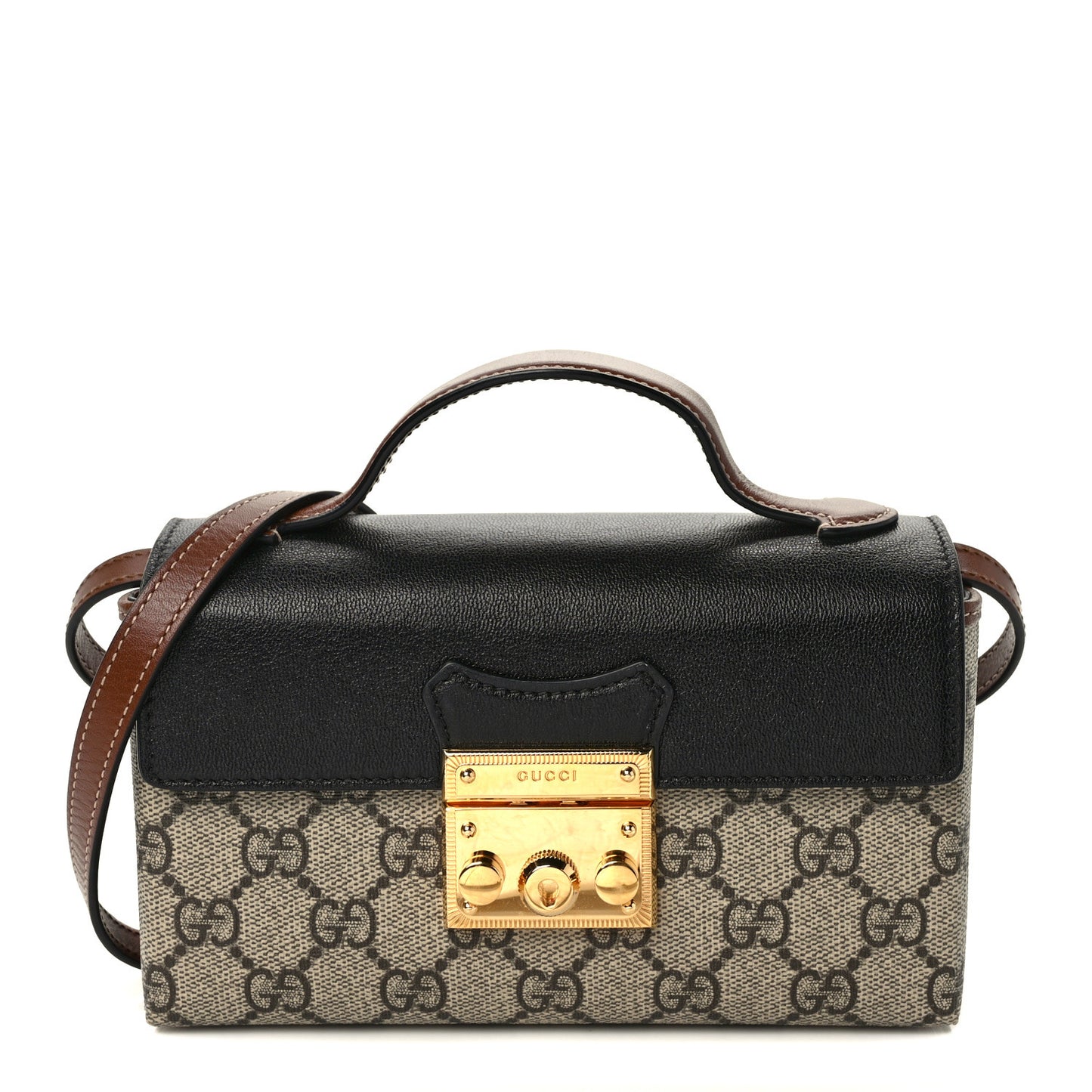 GG Supreme Monogram Calfskin Mini Padlock Top Handle Shoulder Bag Beige Black Cuir