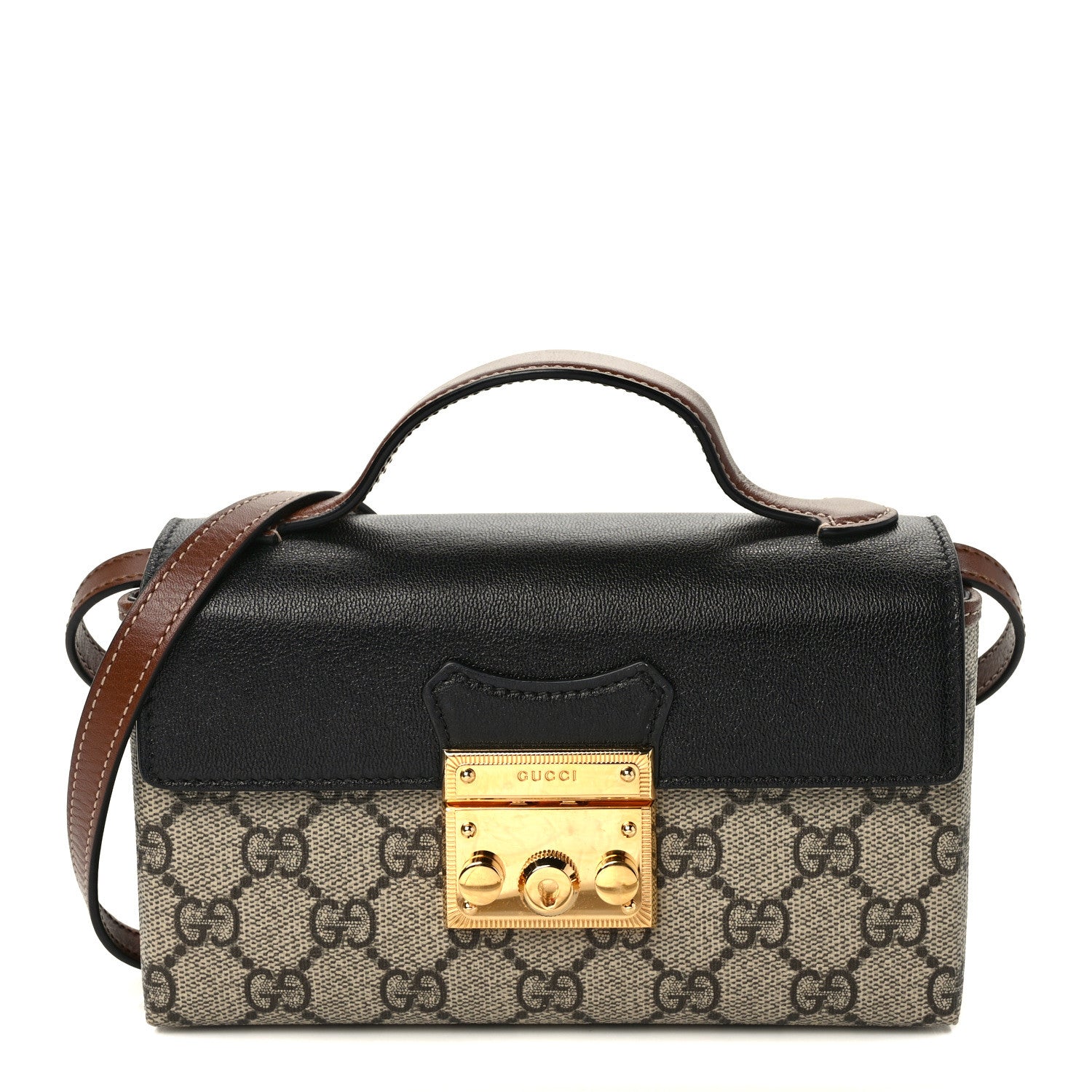 Gucci GG Supreme Monogram Calfskin Mini Padlock Top Handle Shoulder Bag Beige Black Cuir 1 of 9