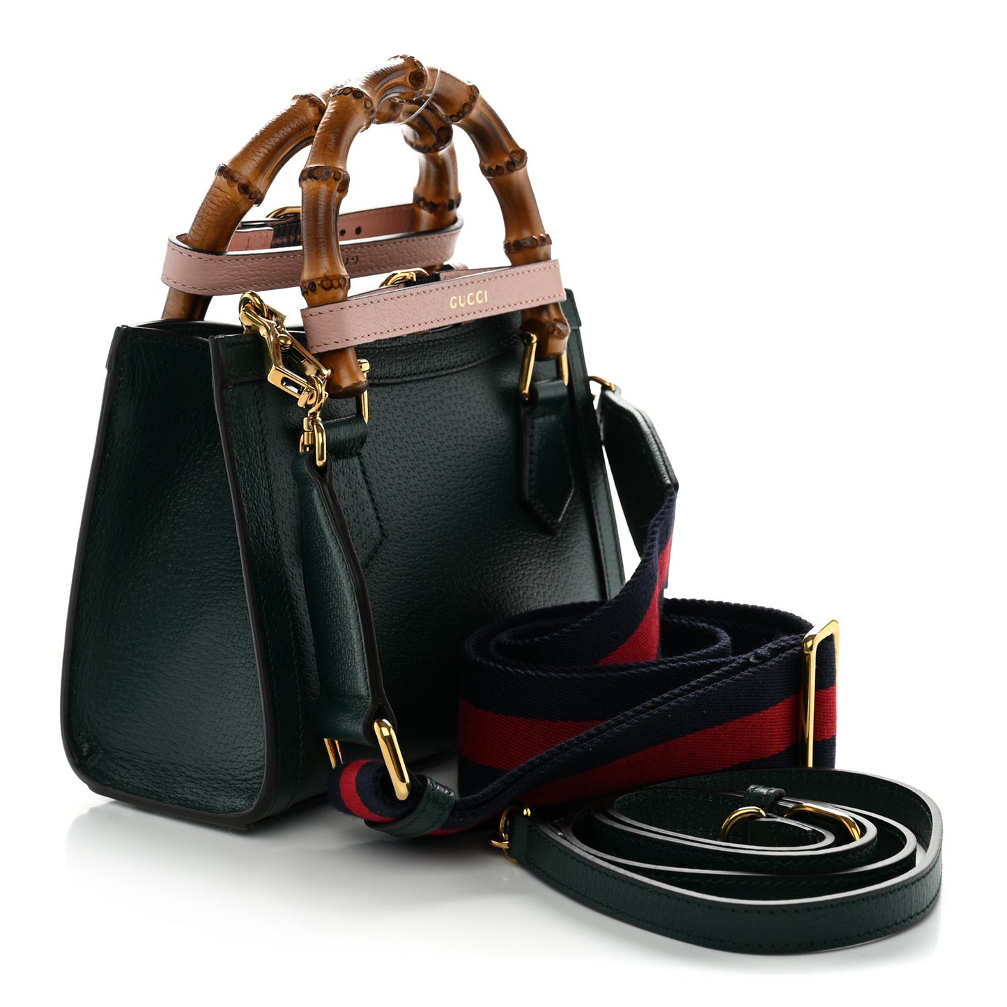 Textured Dollar Calfskin Web Mini Diana Tote Bag Vintage Green Pink