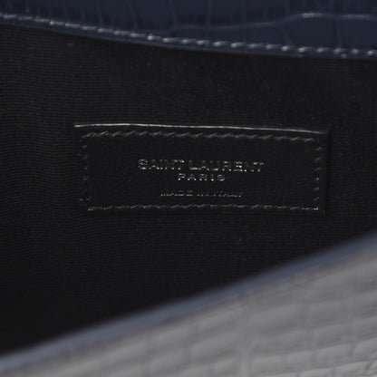 Saint Laurent Calfskin Crocodile Embossed Uptown Monogram Clutch Deep Marine 7 of 9