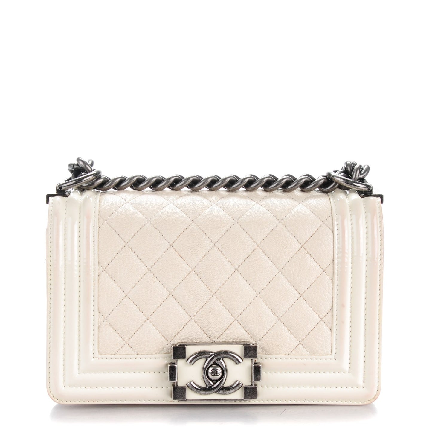 Goatskin Quilted Patent Small Duo Boy Flap White