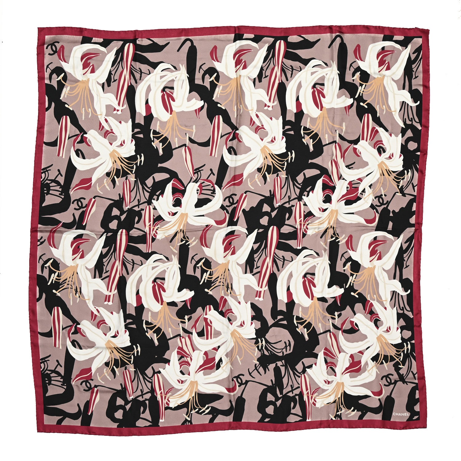 Chanel Silk CC Square Scarf Beige Black Dark Red 1 of 4