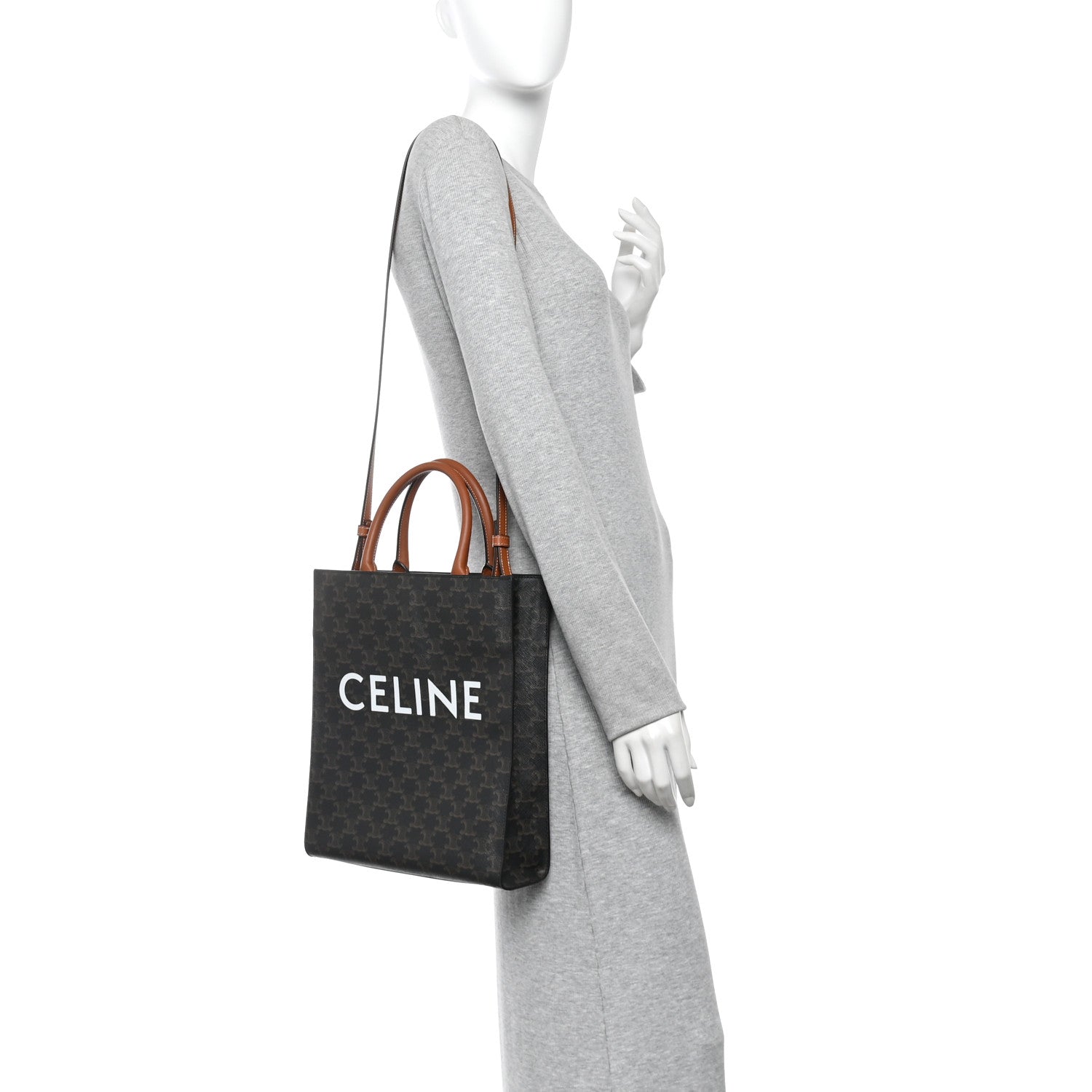 Celine Triomphe Canvas Calfskin Small Vertical Cabas Tan 2 of 10