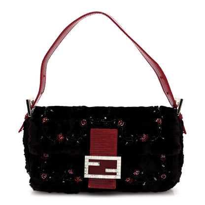 Fendi Rabbit Fur Lizard Crystal Beaded Rose Baguette Brown Red 1 of 10