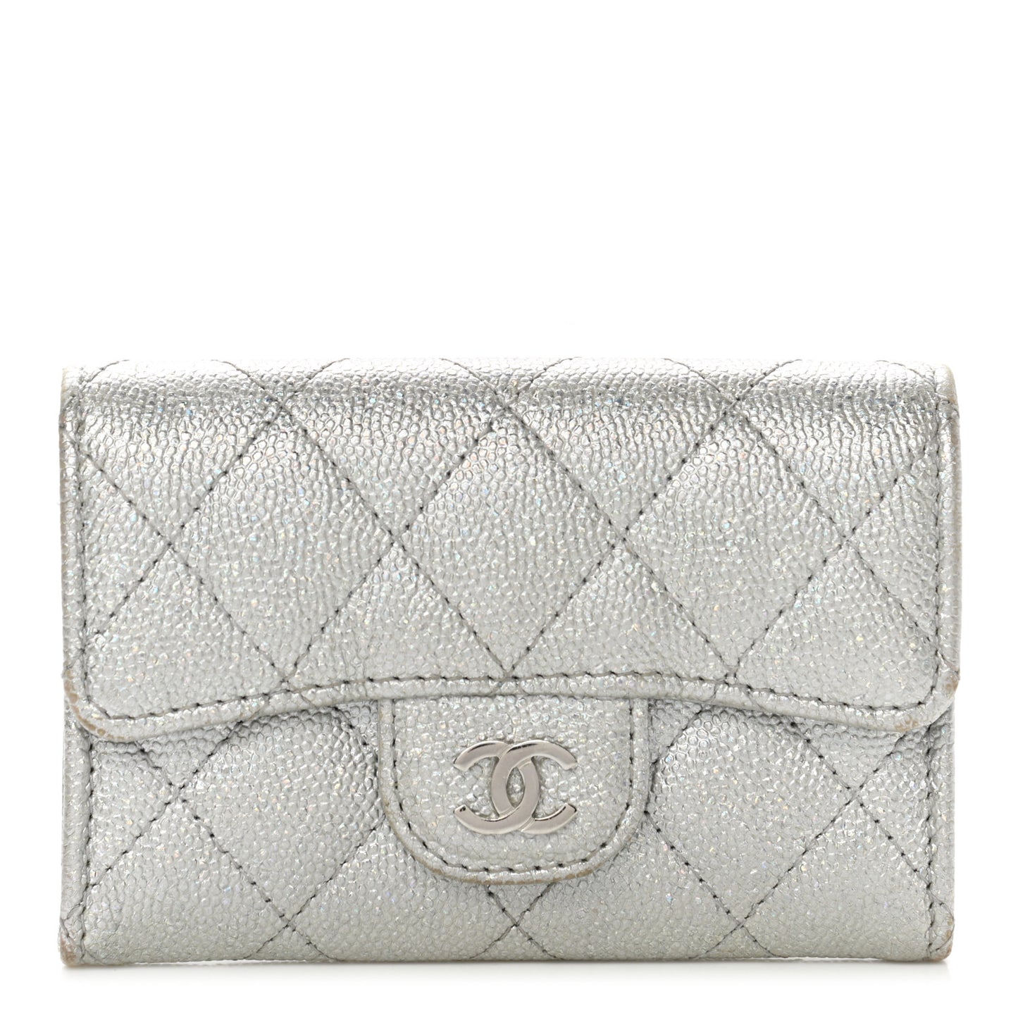 Glittered Metallic Caviar Quilted Flap Card Holder Wallet Silver