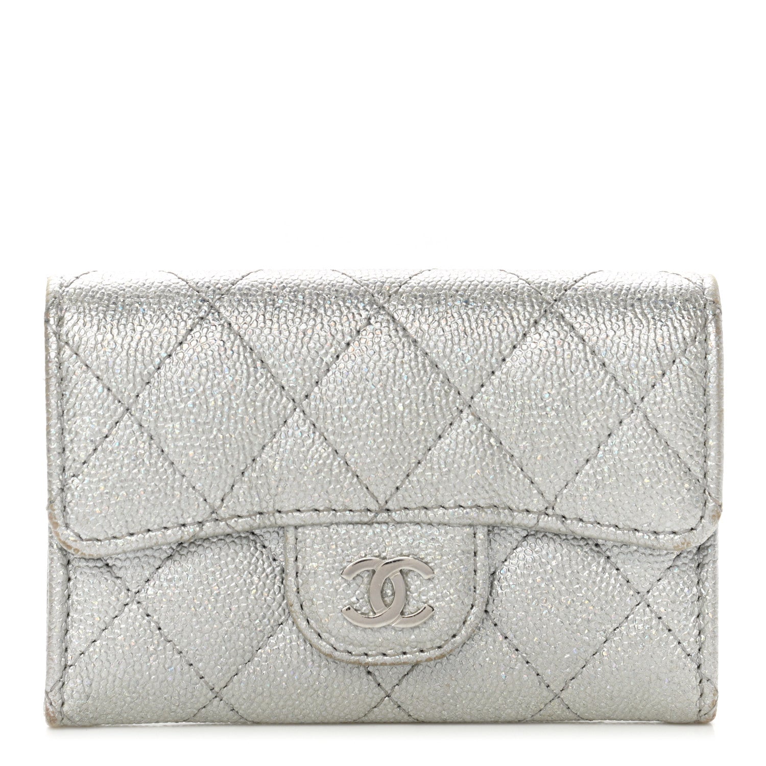 Chanel Glittered Metallic Caviar Quilted Flap Card Holder Wallet Silver 1 of 10