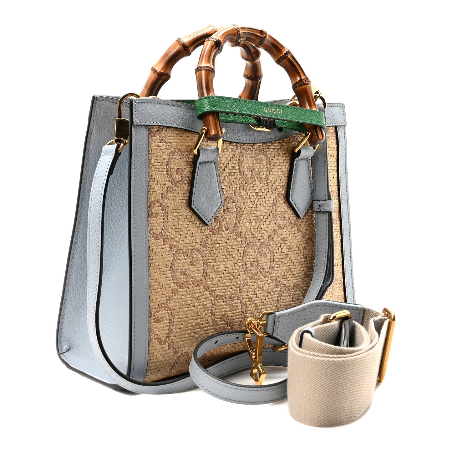 Raffia Textured Dollar Calfskin Web GG Monogram Small Diana Tote Bag Natural Brown New Shamarock Green