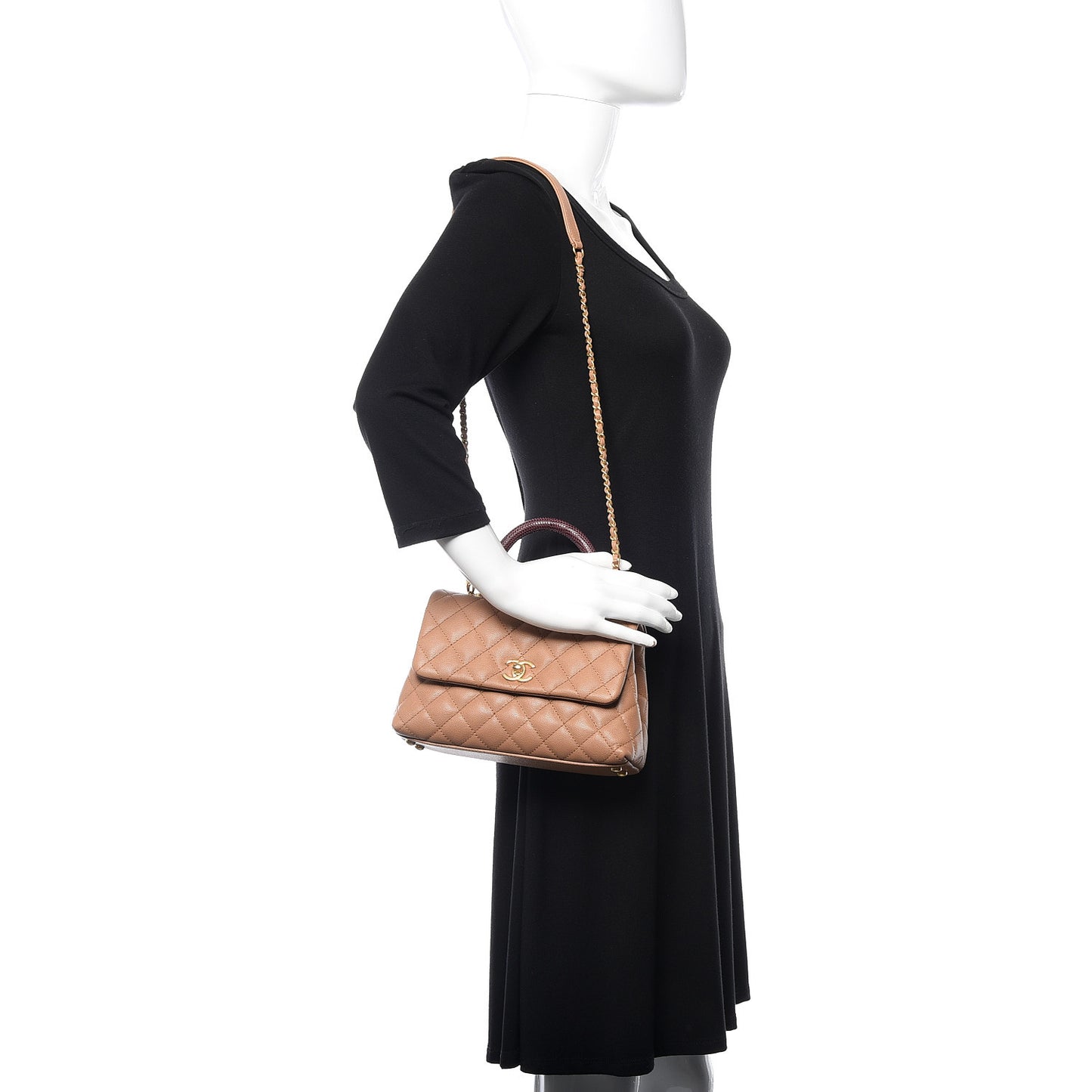 Caviar Lizard Quilted Mini Coco Handle Flap Beige