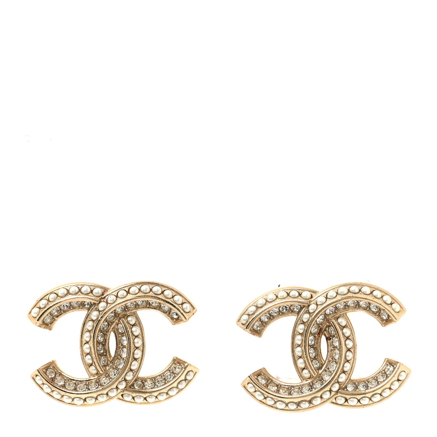 Crystal Pearl Chain Mania CC Earrings Gold
