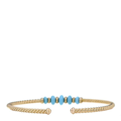 David Yurman 18K Yellow Gold 3mm Turquoise Rio Rondelle Cabled Cuff Bracelet 2 of 4