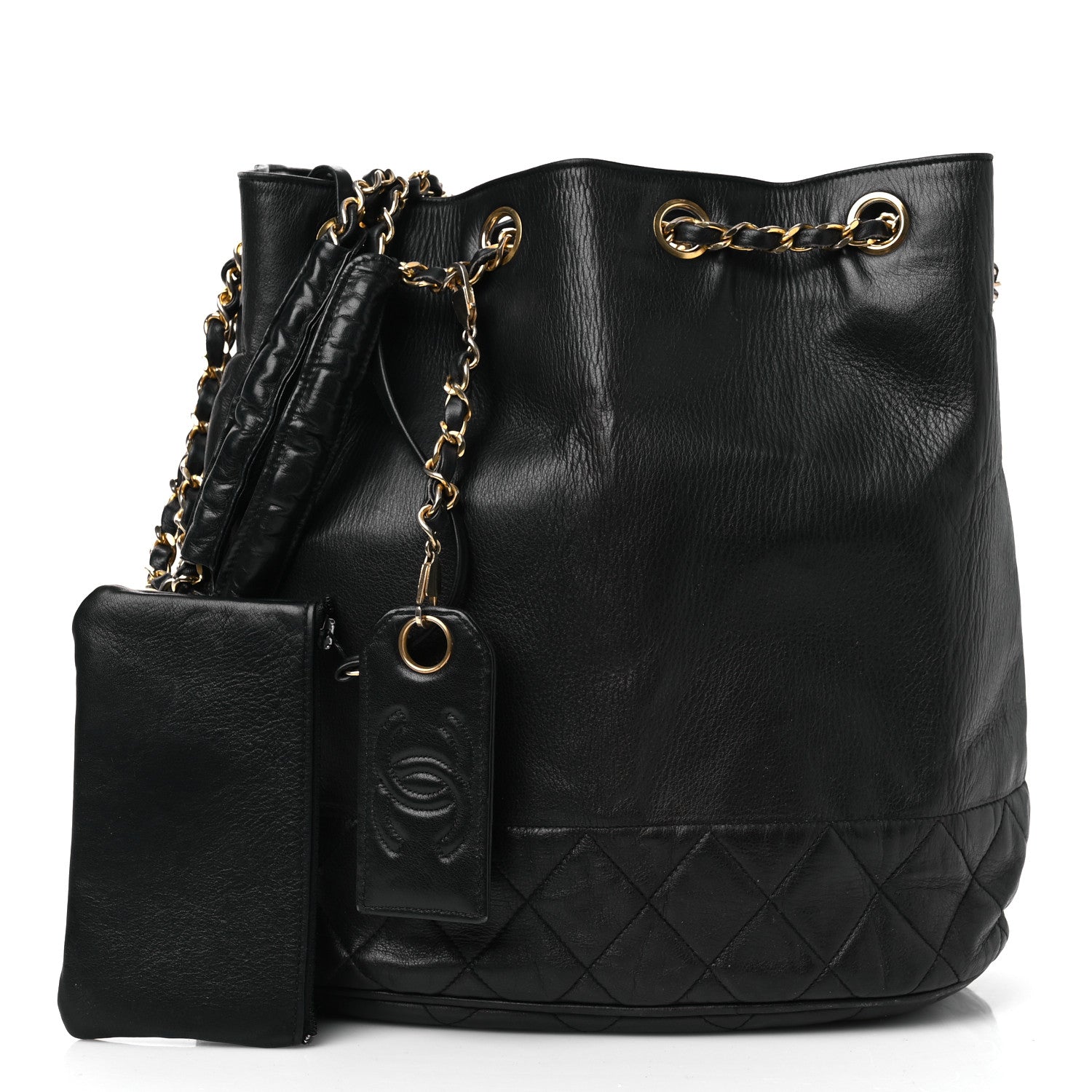 Chanel Lambskin Quilted Drawstring Bucket Bag Black 3 of 17