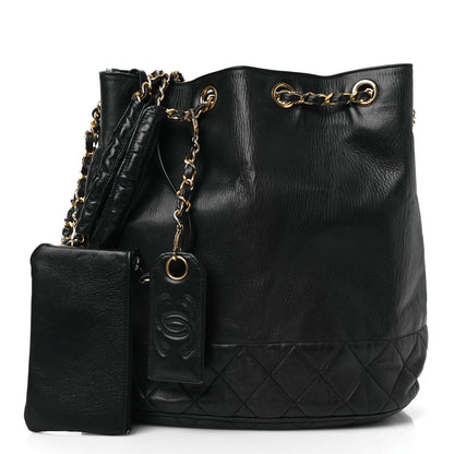 Chanel Lambskin Quilted Drawstring Bucket Bag Black 3 of 17