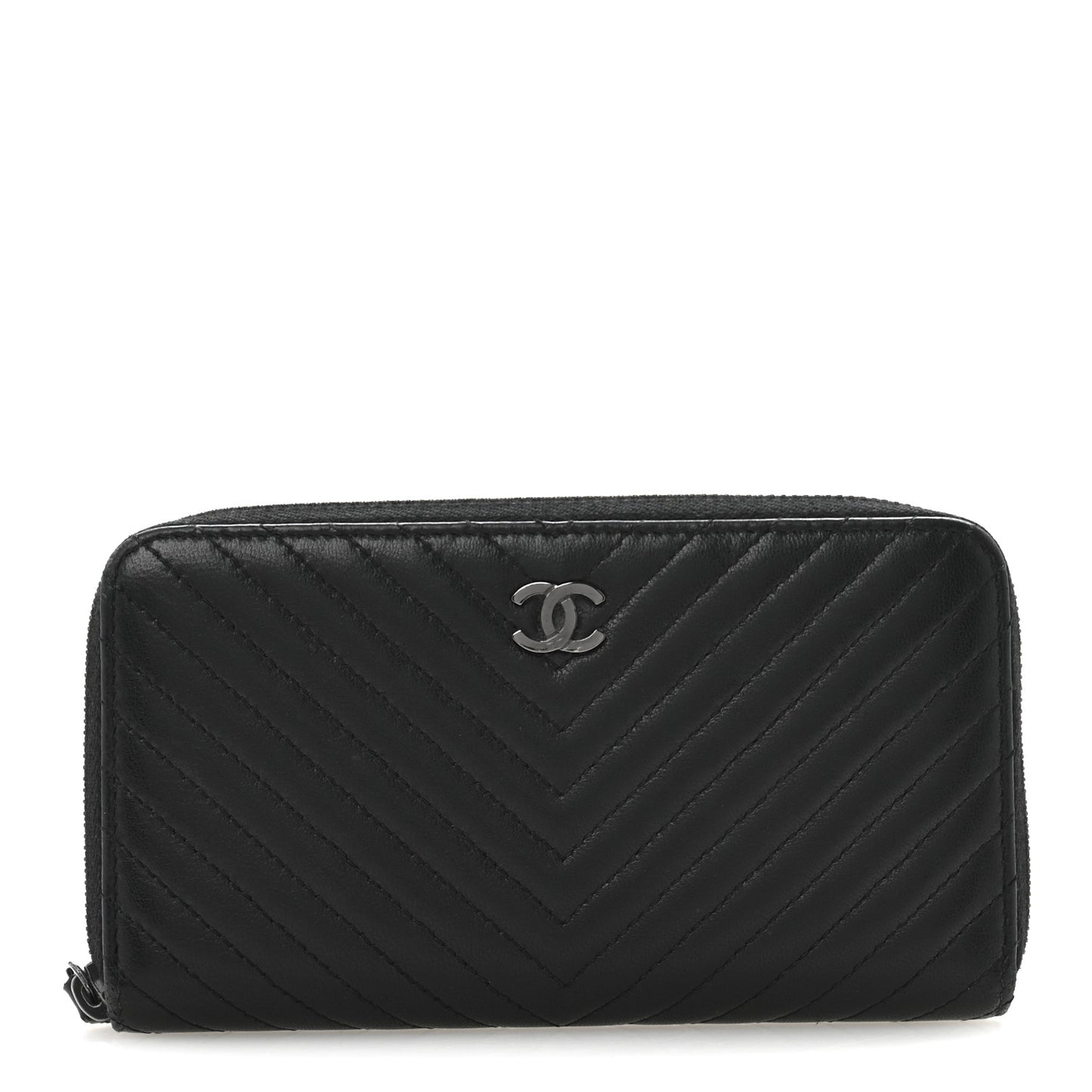 Lambskin Chevron Quilted Zip Around Wallet Black