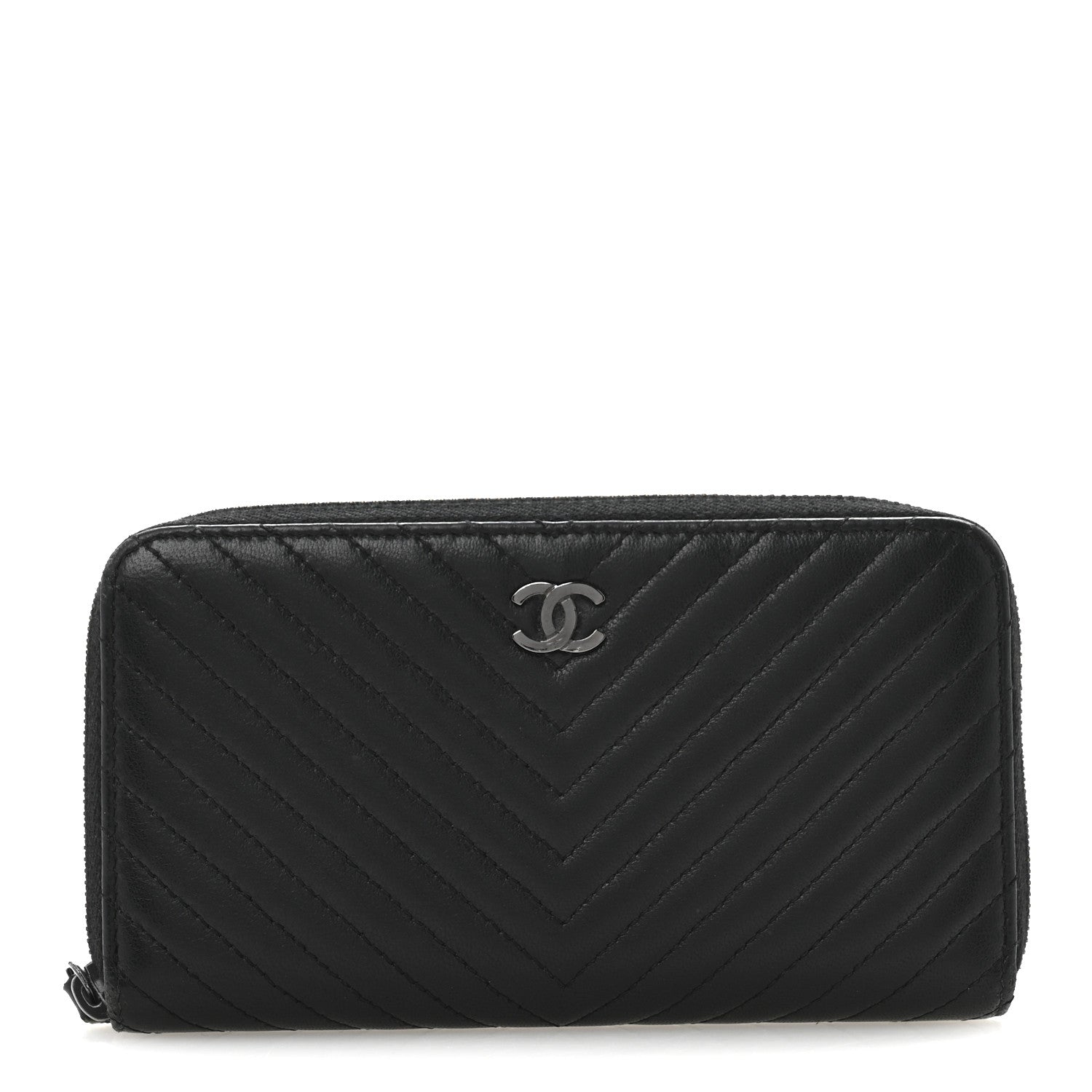Chanel Lambskin Chevron Quilted Zip Around Wallet Black 1 of 10