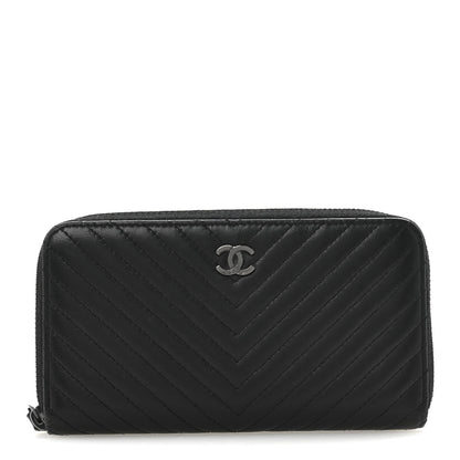 Chanel Lambskin Chevron Quilted Zip Around Wallet Black 1 of 10