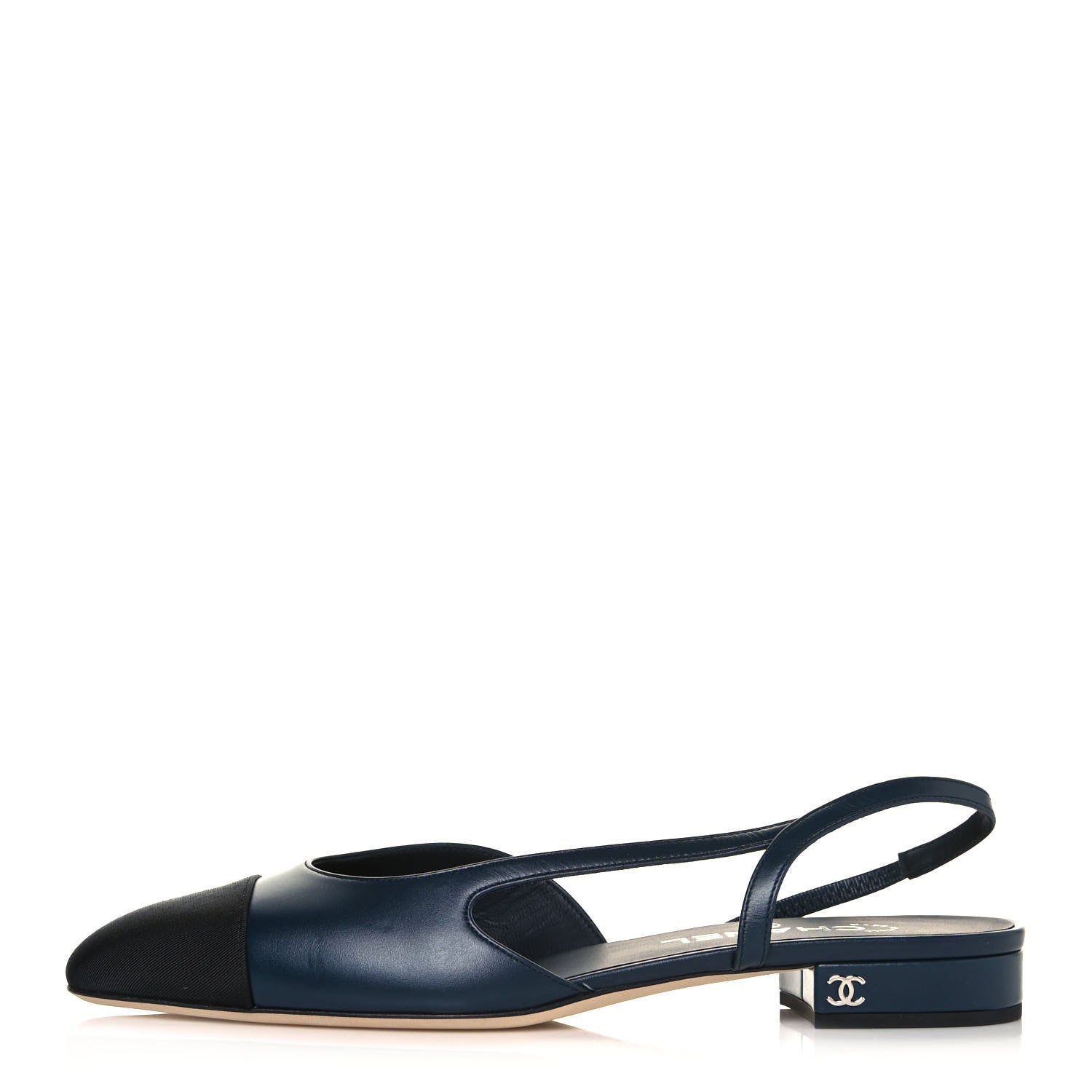 Chanel Goatskin Grosgrain Cap Toe CC Slingback Sandals 39 Navy Black 1 of 9