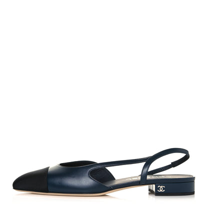 Chanel Goatskin Grosgrain Cap Toe CC Slingback Sandals 39 Navy Black 1 of 9