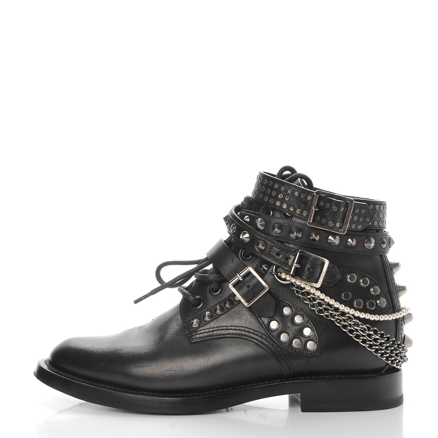 Saint Laurent Smooth Calfskin Studded Strap Ranger Boots 37.5 Black 1 of 16
