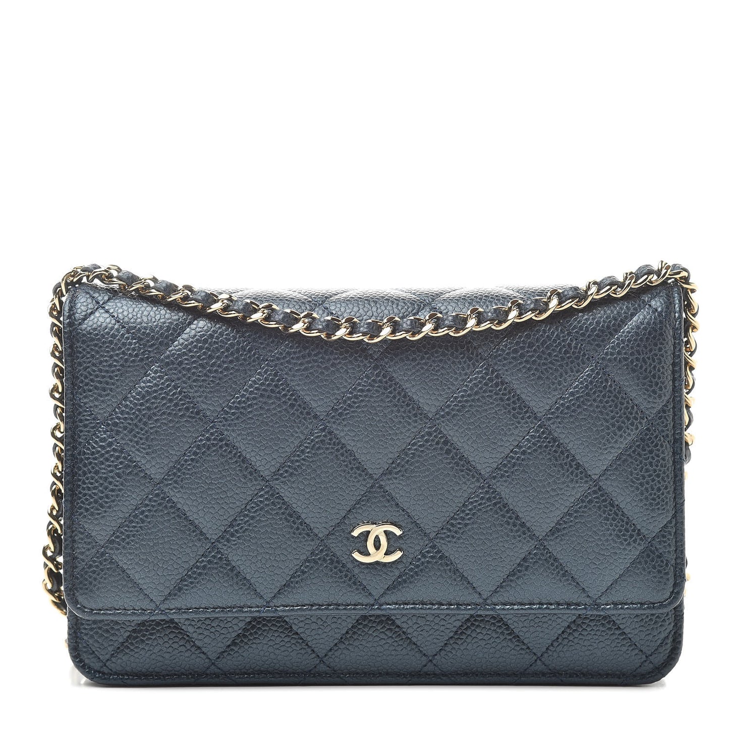 Iridescent Caviar Quilted Wallet On Chain WOC Dark Blue