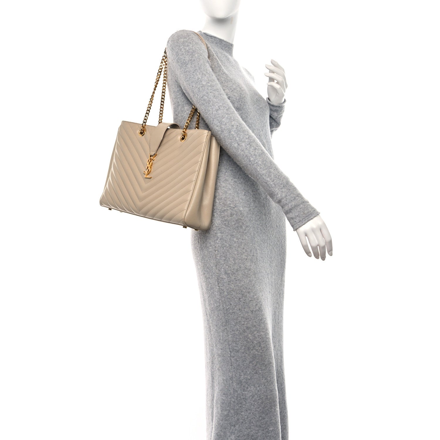 Saint Laurent Grain De Poudre Matelasse Chevron Monogram Shopping Bag Nude Powder 2 of 15