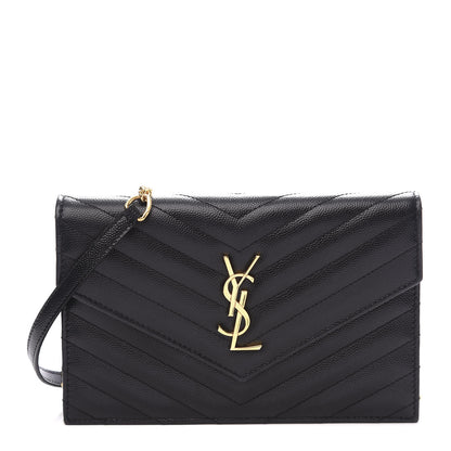 Saint Laurent Grain De Poudre Matelasse Chevron Monogram Envelope Chain Wallet Black 1 of 11