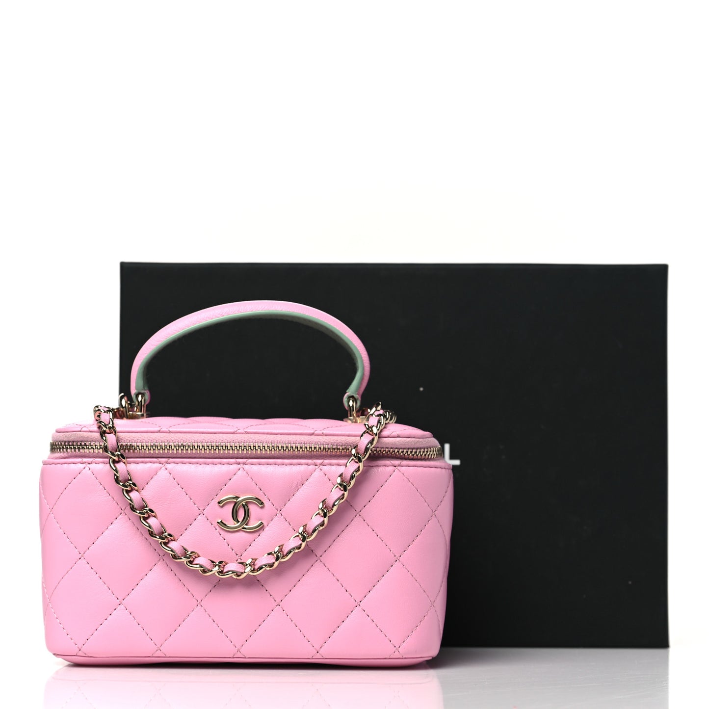 Lambskin Quilted Small Top Handle Vanity Case With Chain Lilac Light Green