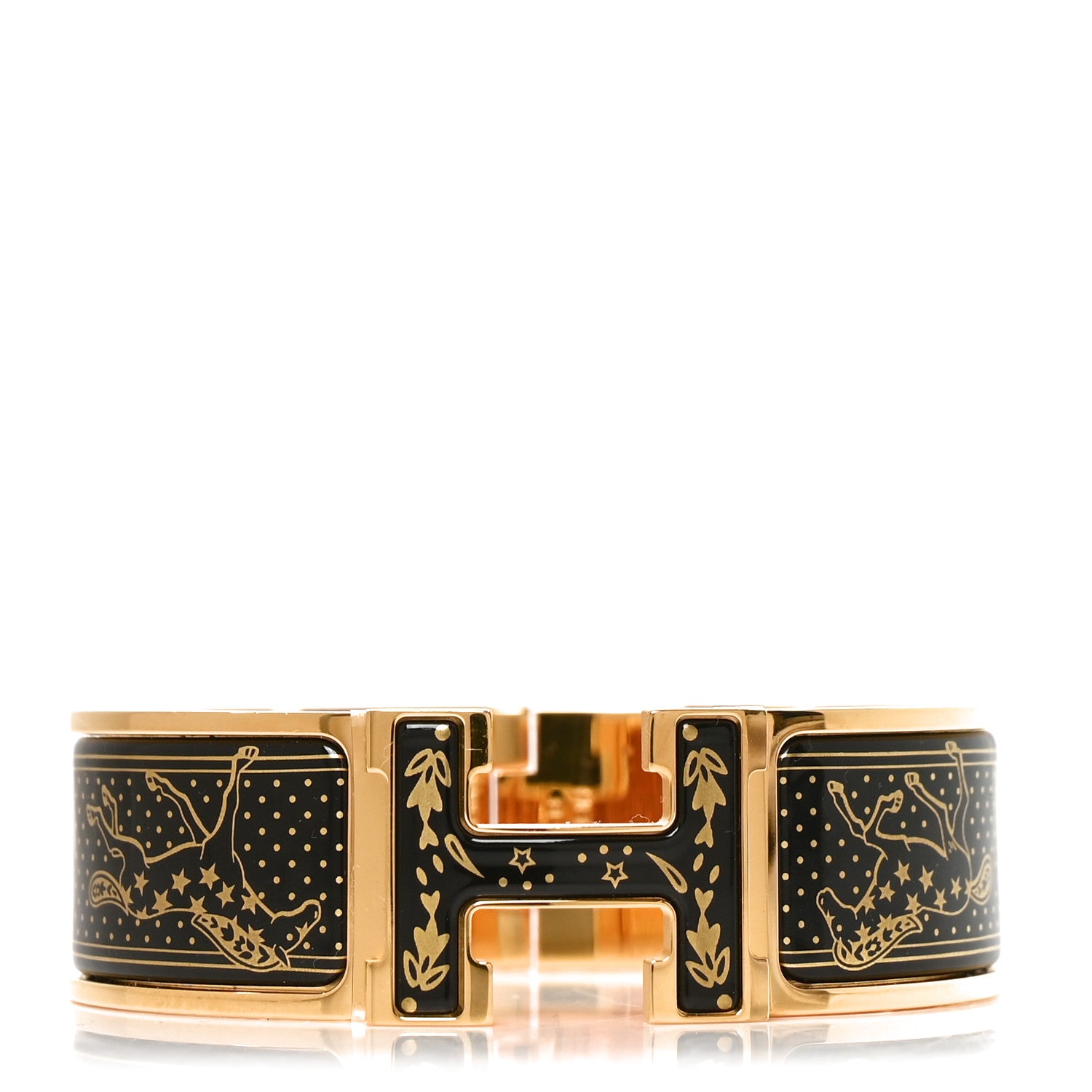 Hermes Enamel Printed Wide Cheval De Coeur Clic Clac H Bracelet GM Jaune Or Black 1 of 4