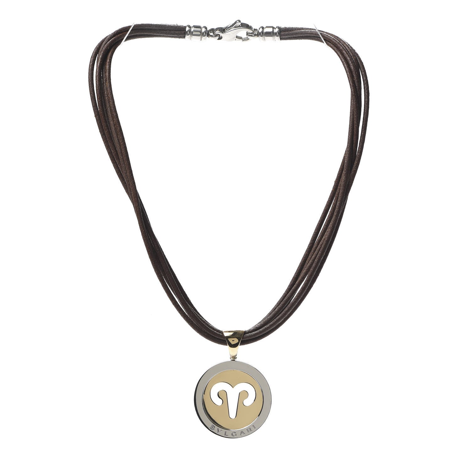 Bulgari 18K Yellow Gold Stainless Steel Leather Tondo Aries Zodiac Pendant Necklace 3 of 4