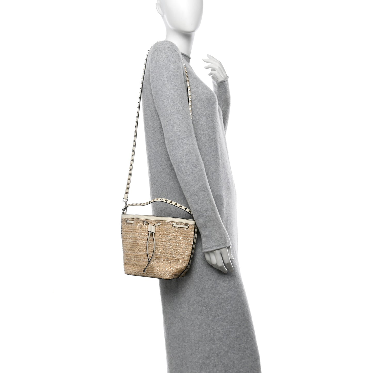 Metallic Boucle Raffia Calfskin Rockstud Drawstring Bucket Bag Ivory Gold