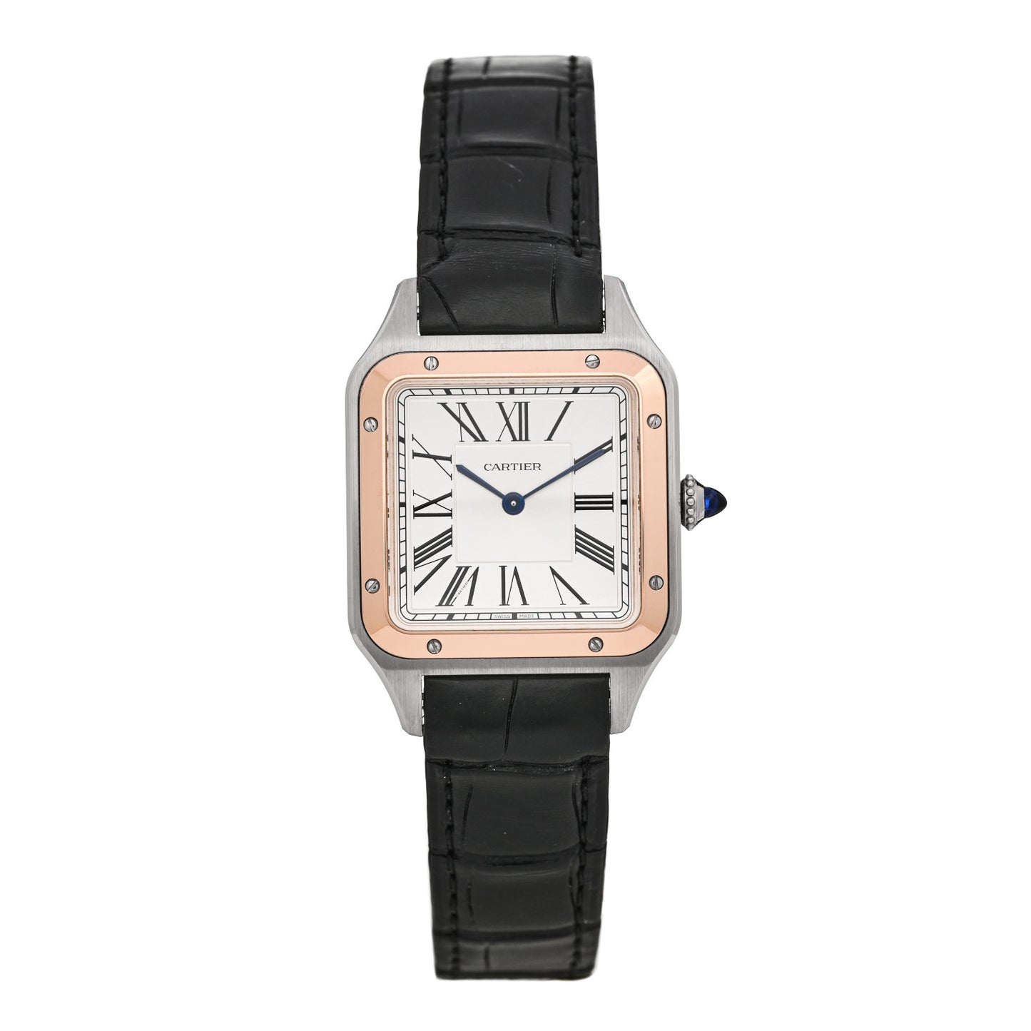 Stainless Steel 18K Pink Gold Alligator 31.4mm Santos Dumont Quartz Watch