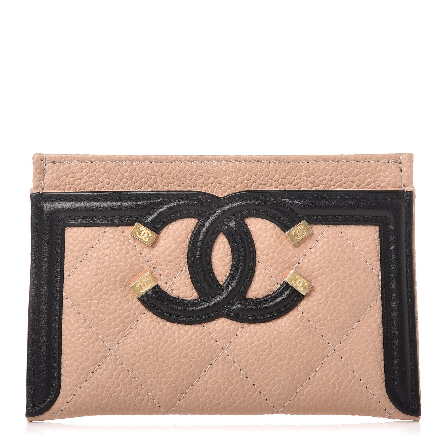 Caviar Quilted Filigree Card Holder Beige Black