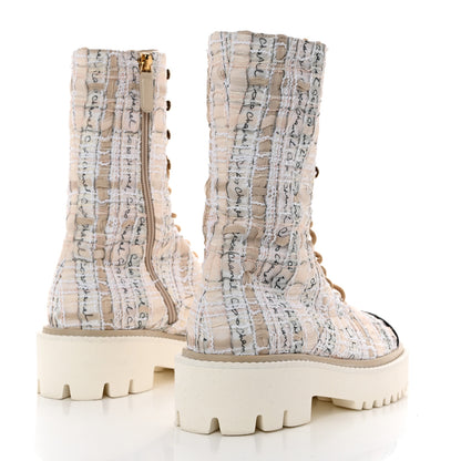Chanel Tweed Grosgrain Cap Toe Lace Up Combat Boots 38 Multicolor 4 of 8