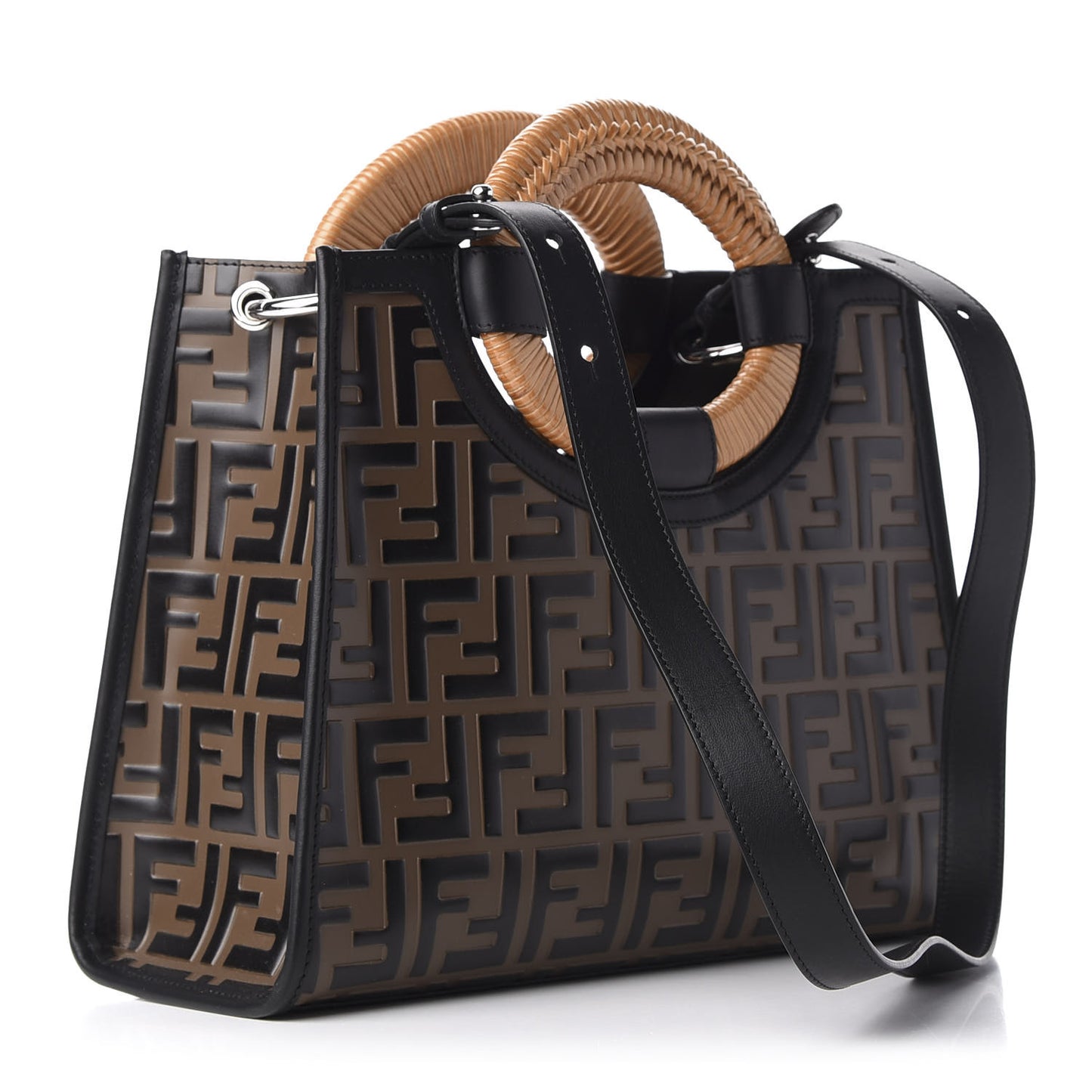 Vitello Century Wicker Bi-Color FF 1974 Embossed Small Runaway Shopper Tote Maya Black
