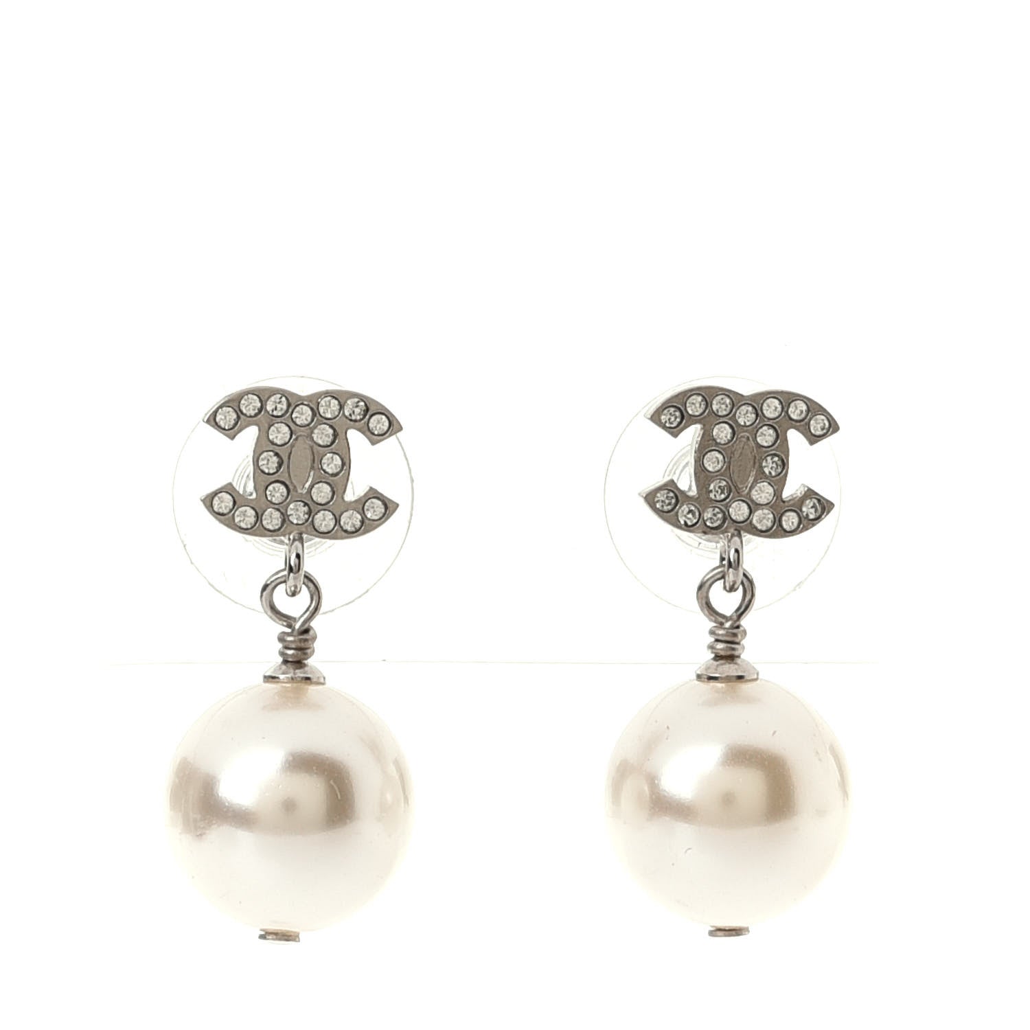 Chanel Crystal Pearl CC Drop Earrings Silver Pearly White 1 of 4