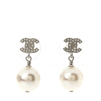 Chanel Crystal Pearl CC Drop Earrings Silver Pearly White 1 of 4