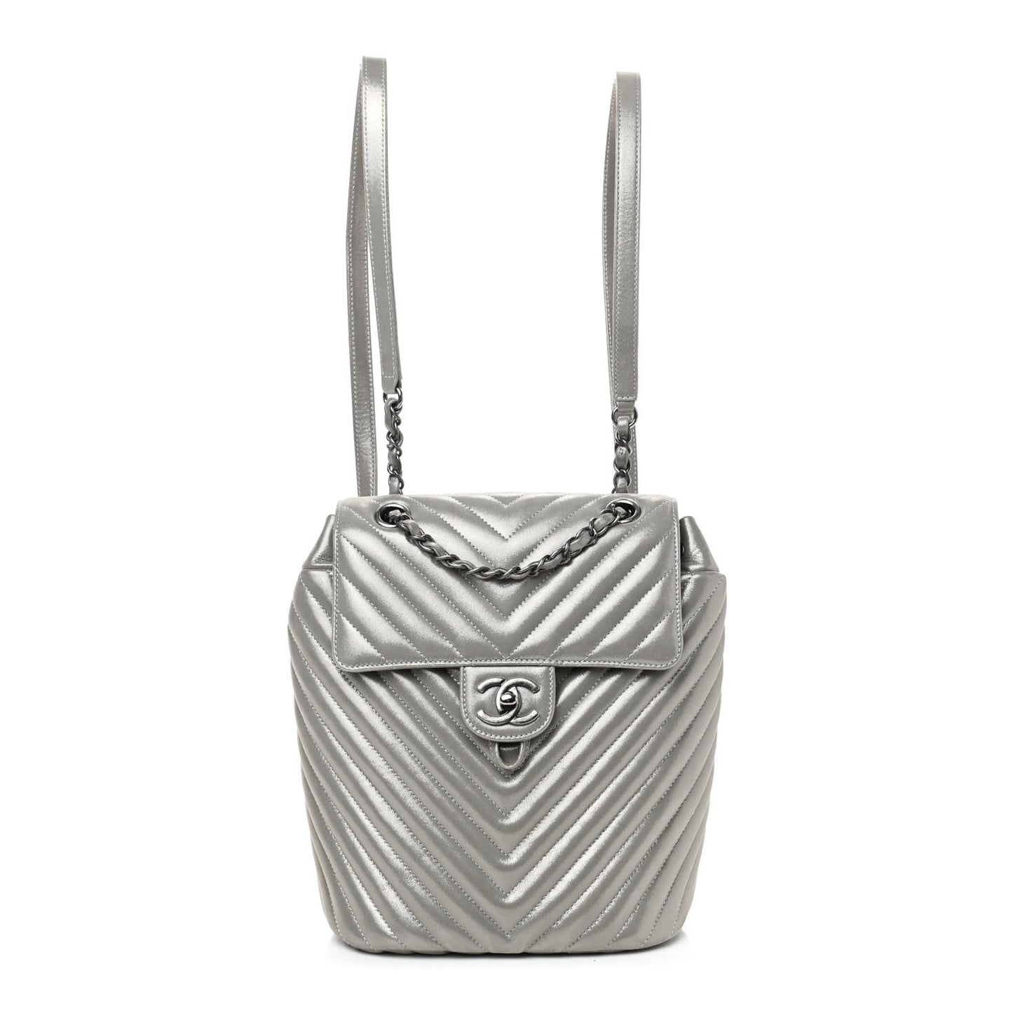 Metallic Iridescent Calfskin Chevron Quilted Small Urban Spirit Backpack Silver