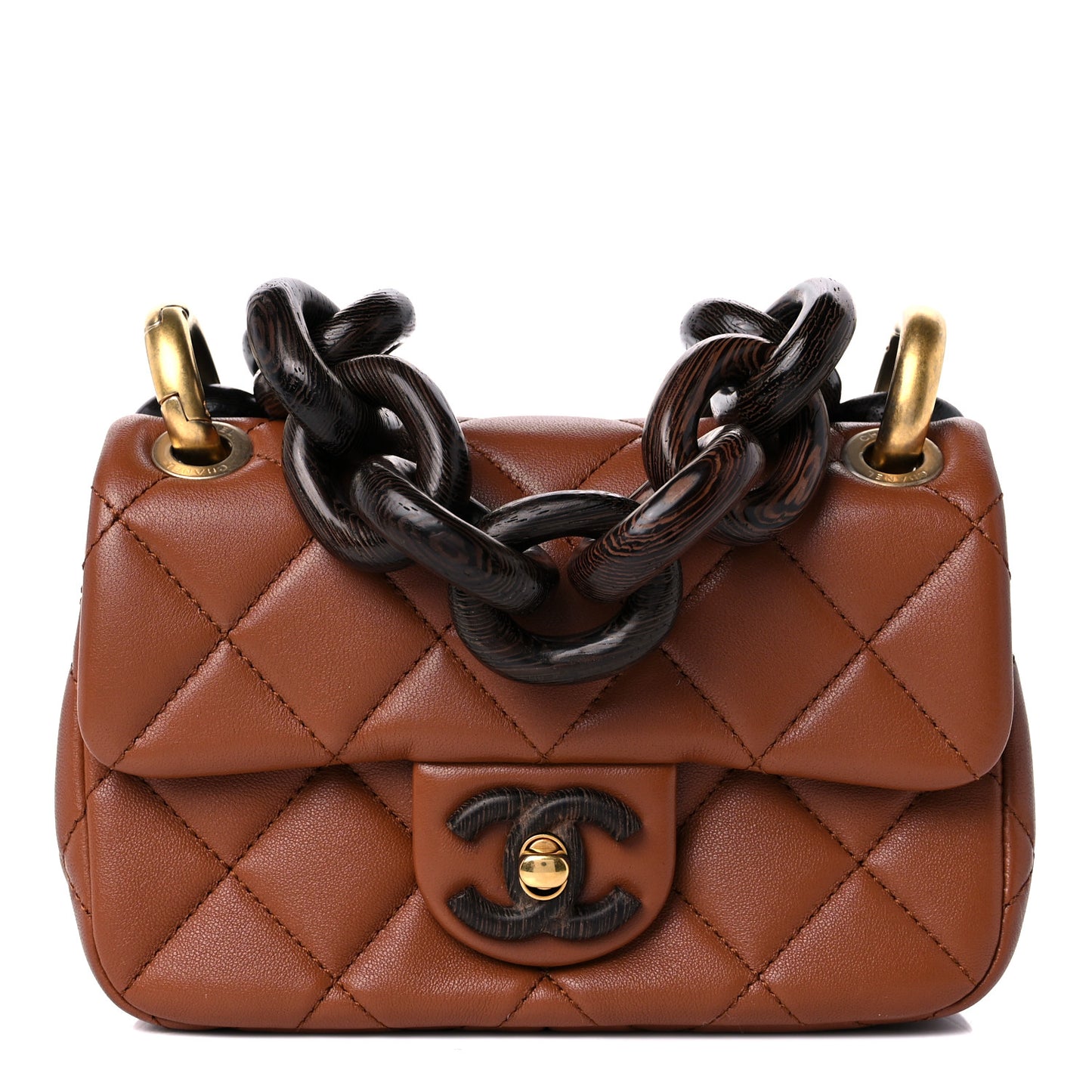 Lambskin Wenge Quilted Mini Fashion Wood Square Flap Light Brown