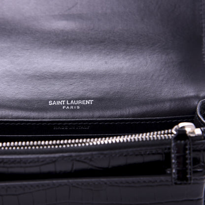 Saint Laurent Calfskin Crocodile Embossed Monogram Sunset Chain Wallet Black 7 of 10
