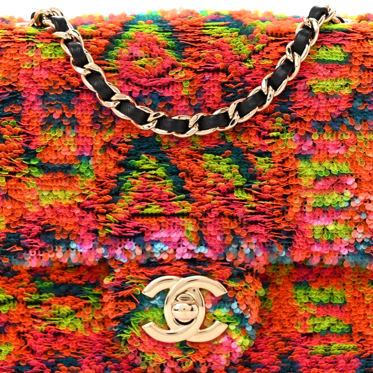 Chanel Sequin Logo Single Flap Orange Turquoise Pink 1456857