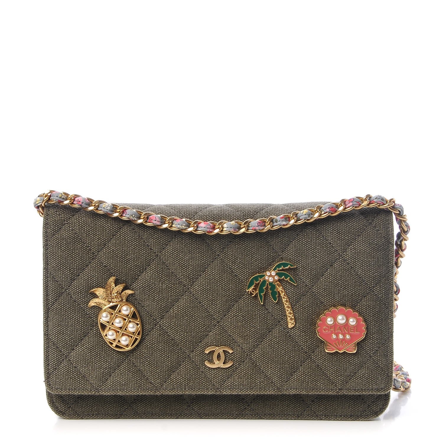 Chanel Canvas Quilted Coco Cuba Charms Wallet On Chain WOC Khaki 1 of 7