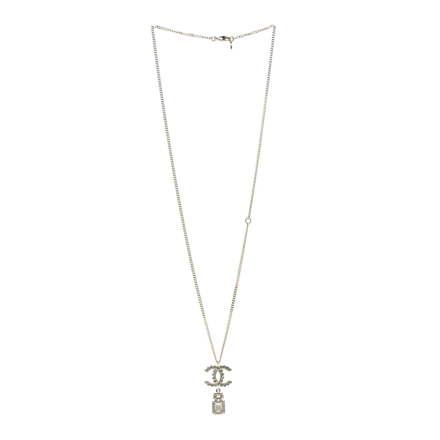 Chanel Crystal Pearl CC Perfume Bottle Necklace Pearly White Gold 3 of 4