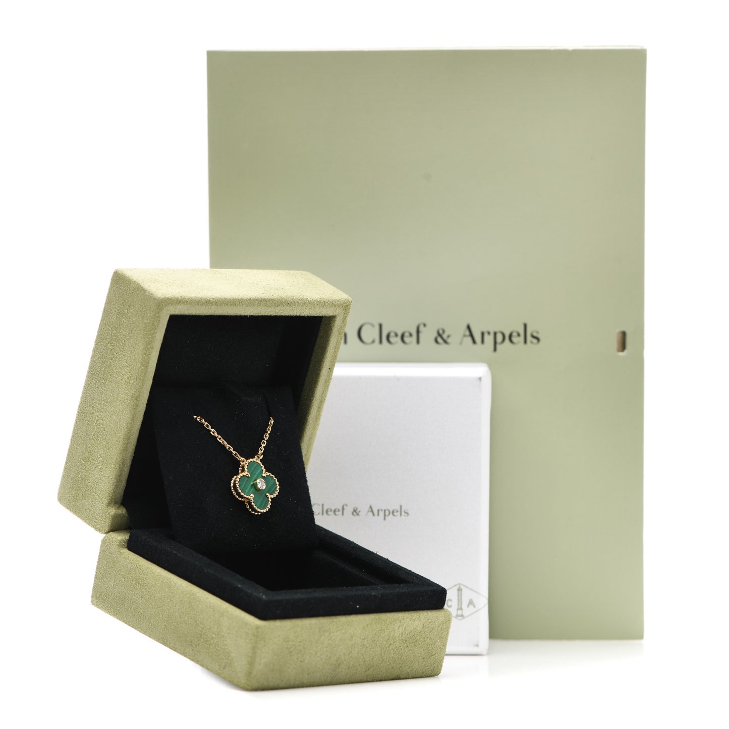 18K Yellow Gold Diamond Malachite Vintage Alhambra Pendant Necklace