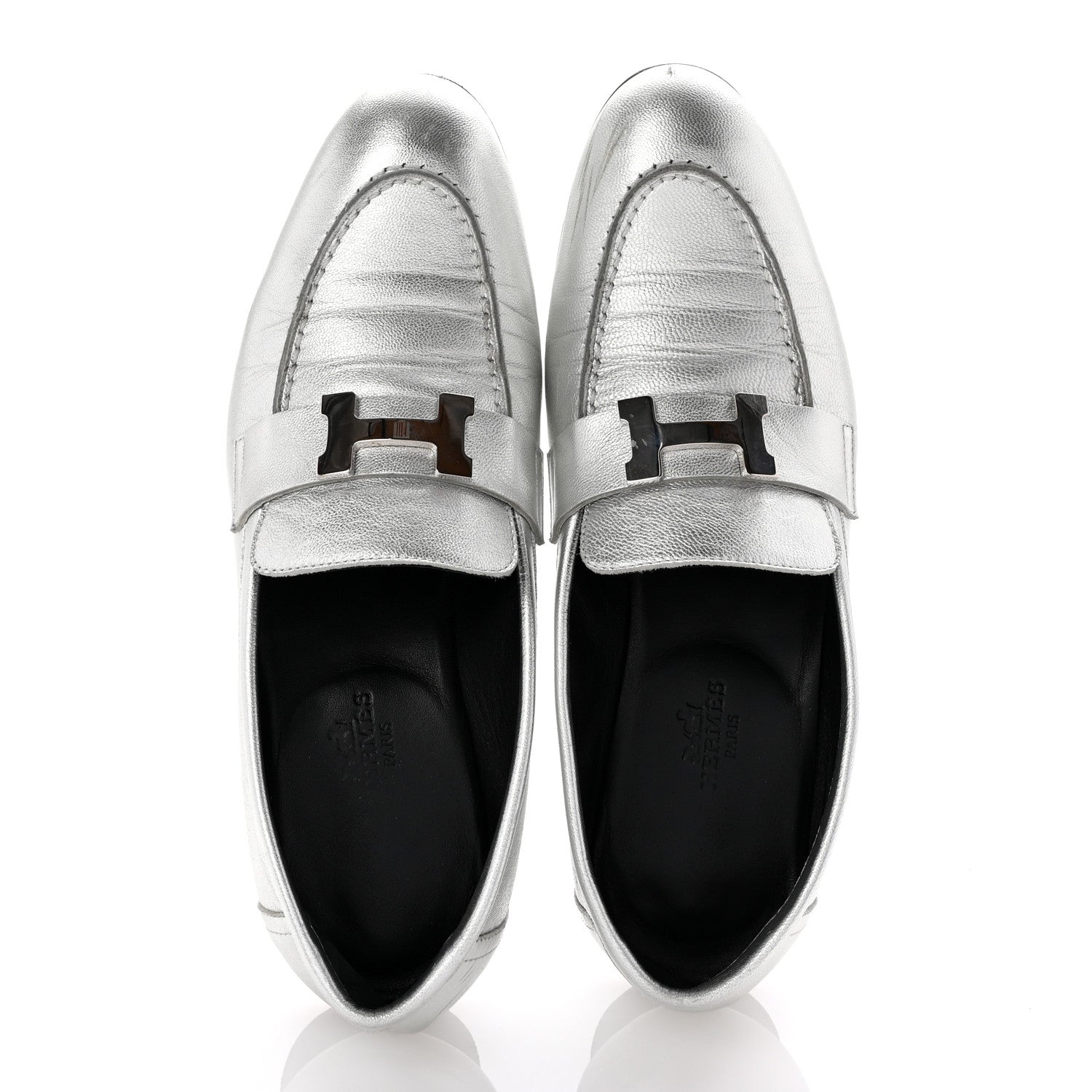 Hermes Metallic Calfskin Womens Paris Loafers 37 Silver 2 of 10