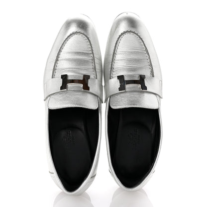 Hermes Metallic Calfskin Womens Paris Loafers 37 Silver 2 of 10