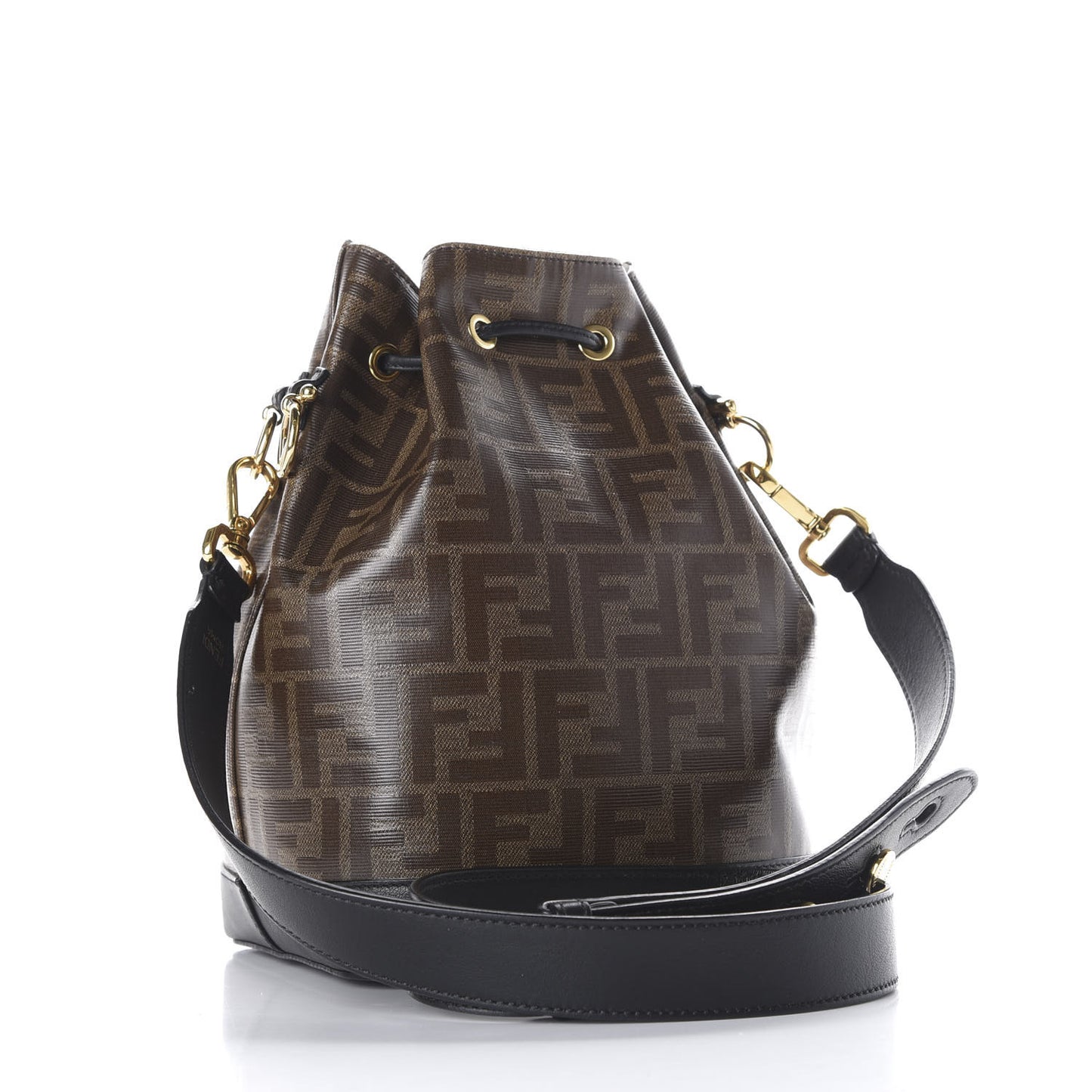 Glazed Fabric Vitello Grace F is Fendi FF 1974 Stamp Patch Grande Mon Tresor Bucket Bag Mogano Panna Black