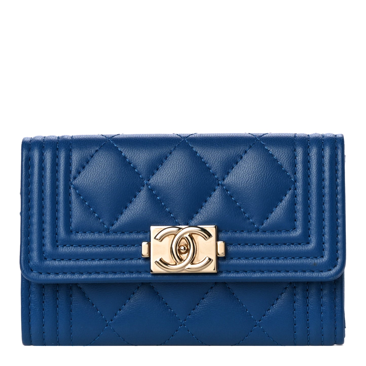 Lambskin Quilted Boy Flap Card Holder Blue