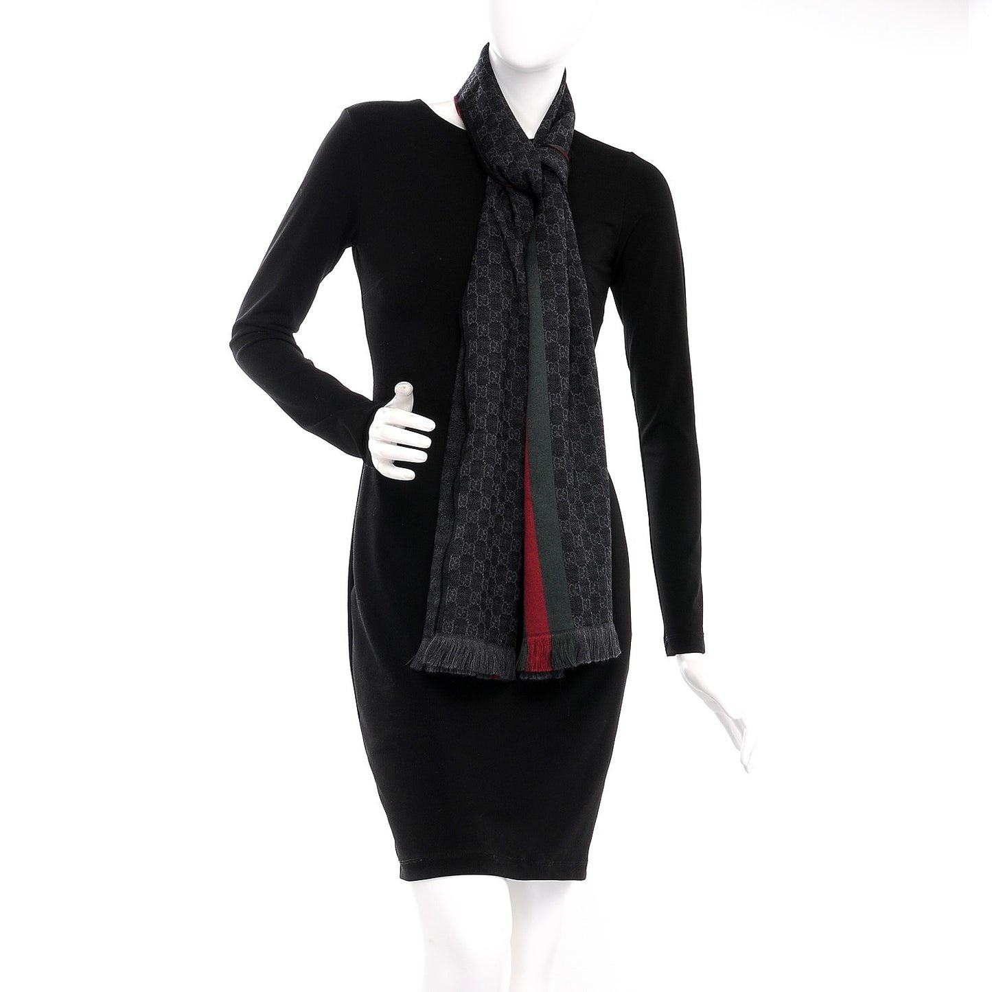 Wool Silk GG Monogram Web Verbier Fringe Scarf Black